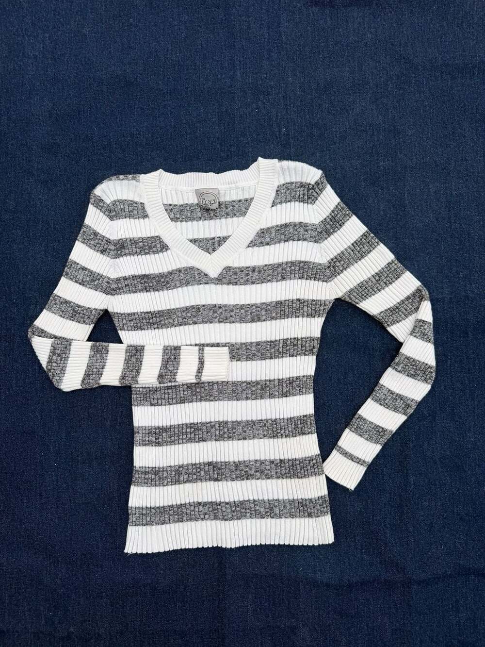 The Slope Brooklyn NY Women's Striped V-Neck Ribbed Sweater